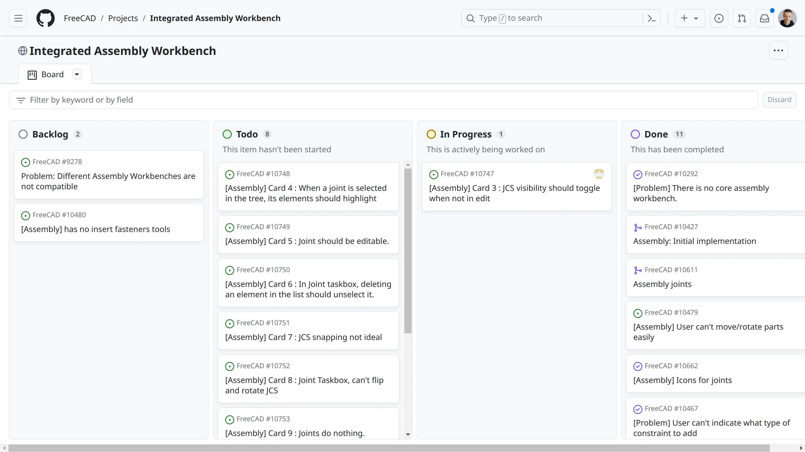 Kanban board for the assembly project on GitHub