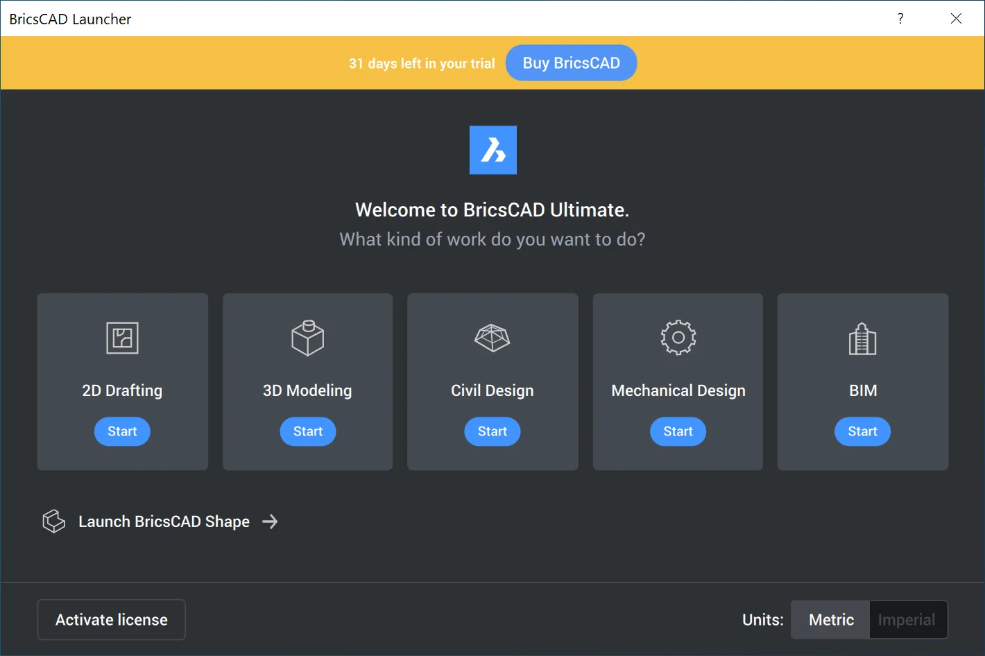 Start screen in BricsCAD