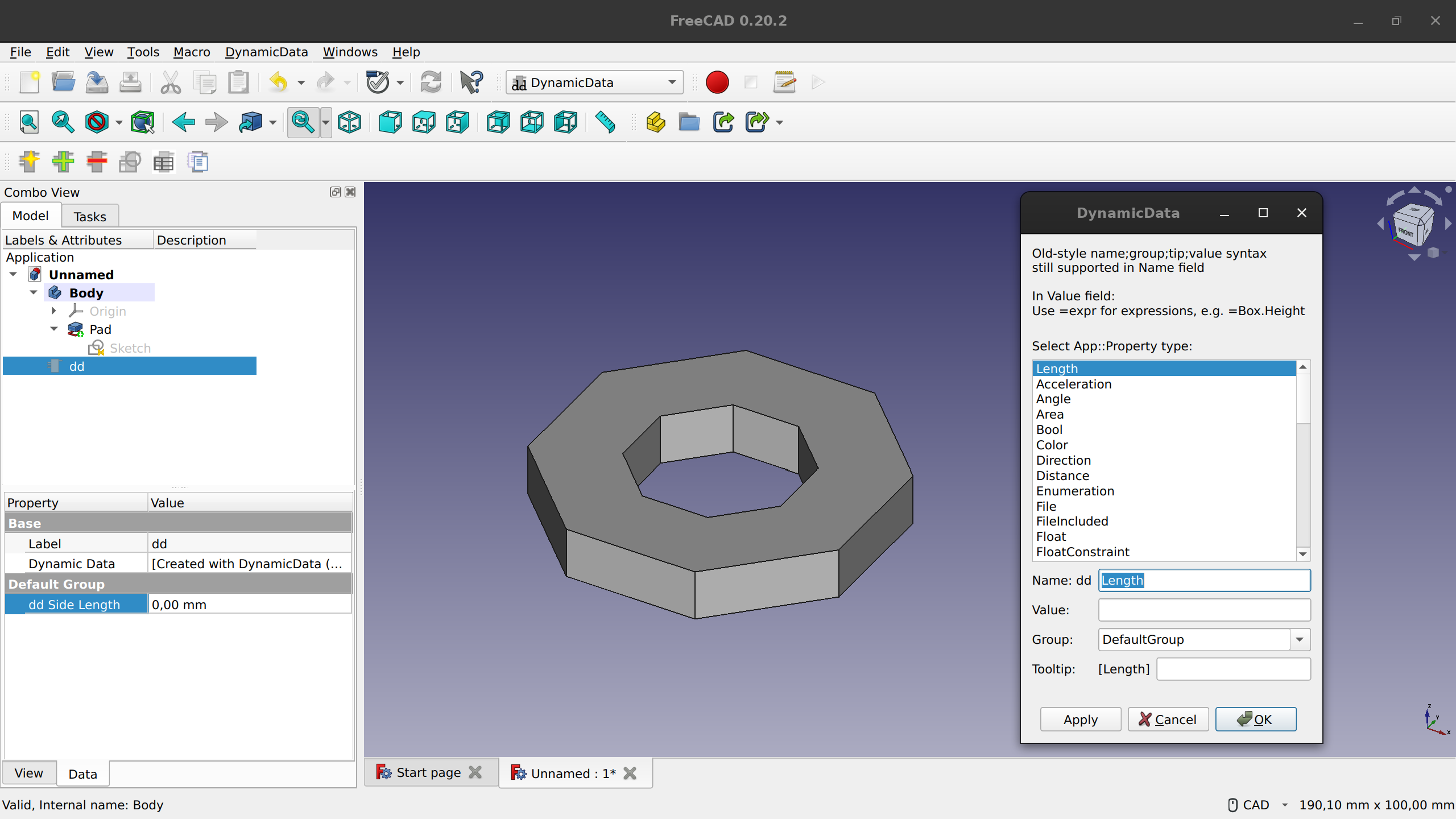 The DynamicData workbench in FreeCAD