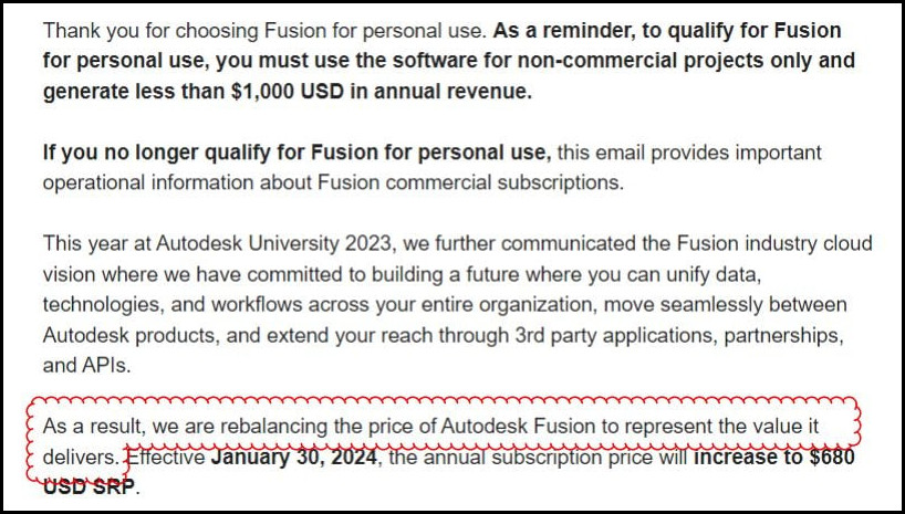 Fusion 360 price change announcement